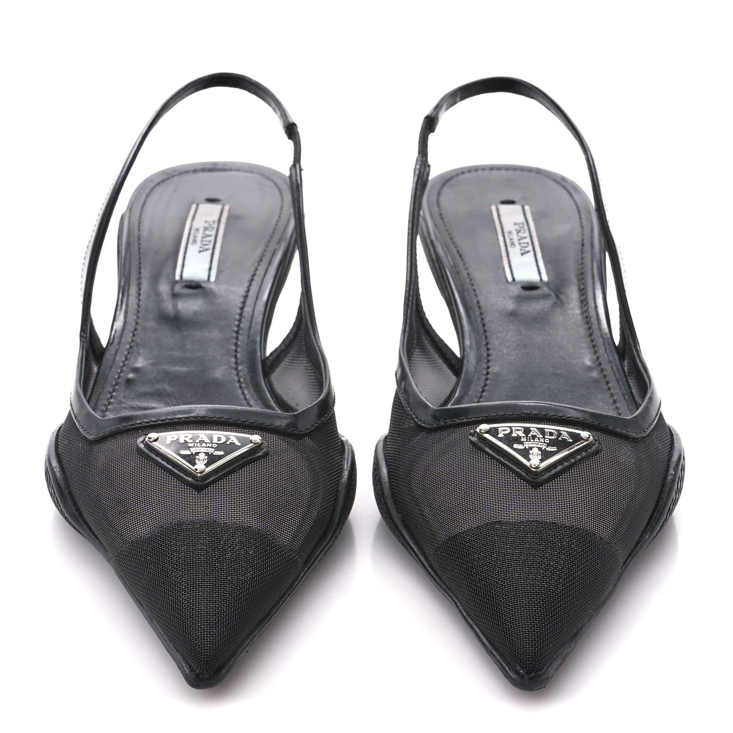 Prada Mesh Nappa Triangle Logo Pointed Toe 45mm Slingback Pumps 36 Black 2 of 9