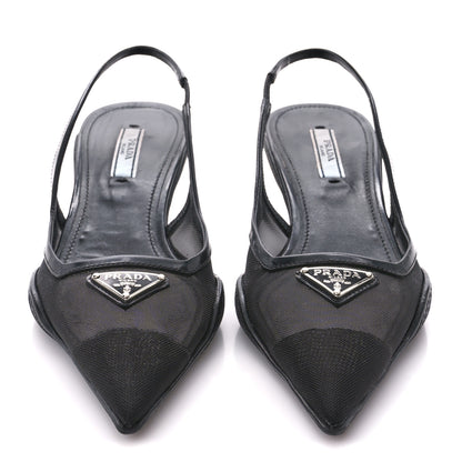Prada Mesh Nappa Triangle Logo Pointed Toe 45mm Slingback Pumps 36 Black 2 of 9