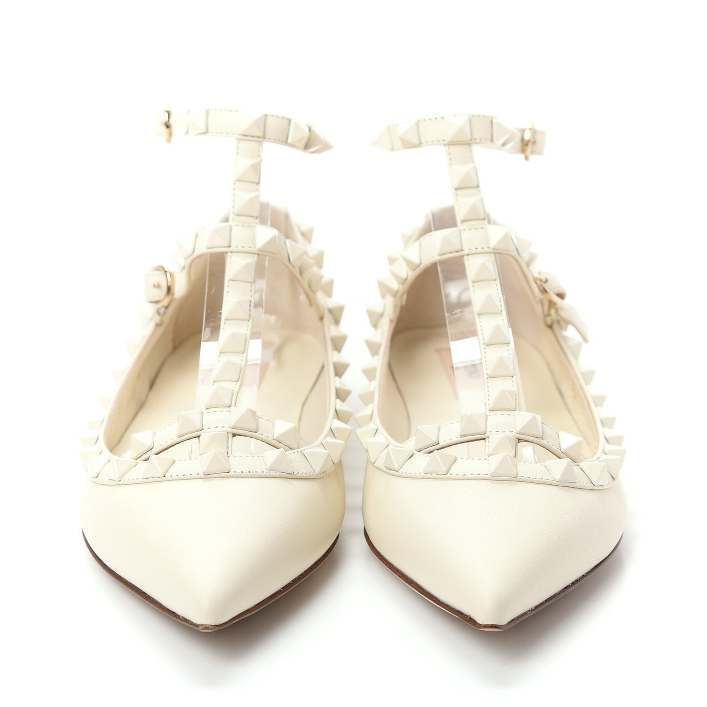Calfskin Lacquered Monochrome Rockstud Cage Ballerina Flats 36 Avorio