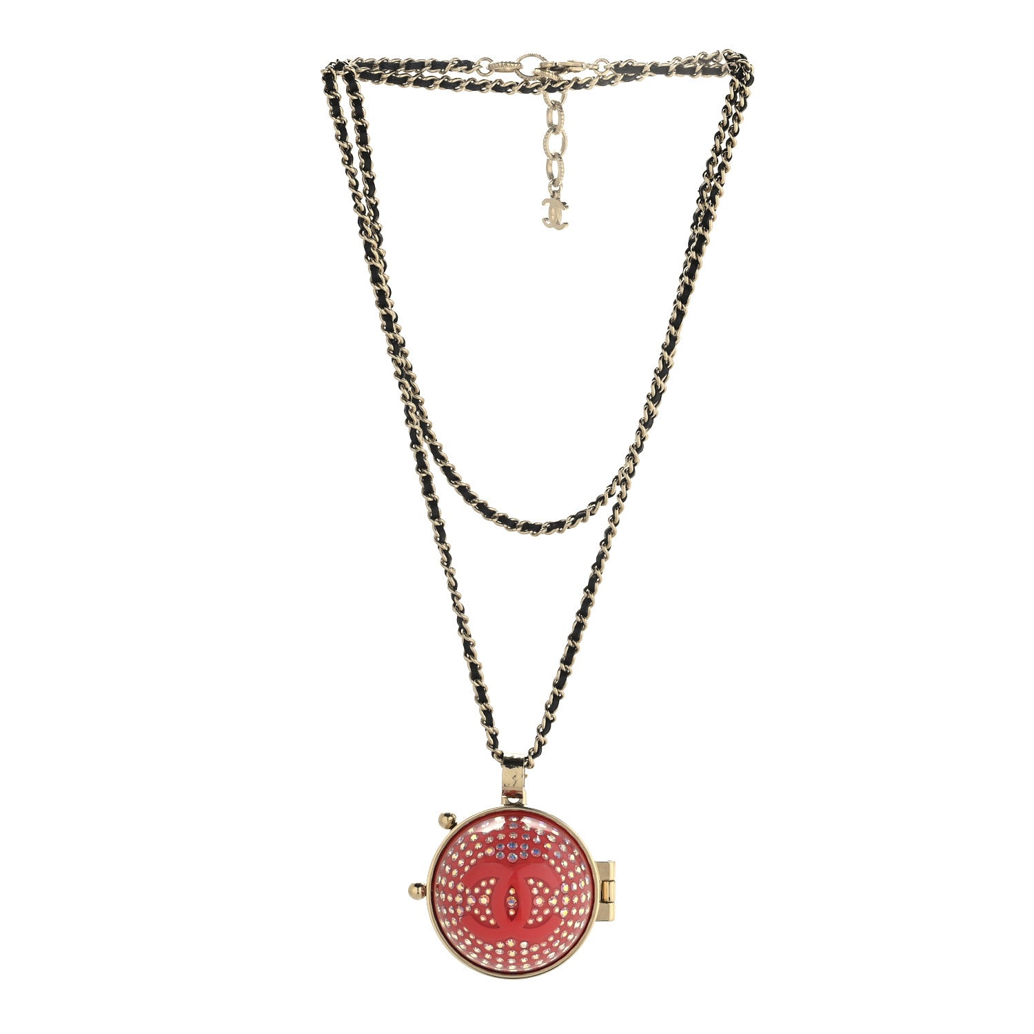 Chanel Metal Lambskin CC Crystal Locket Necklace Red 3 of 5