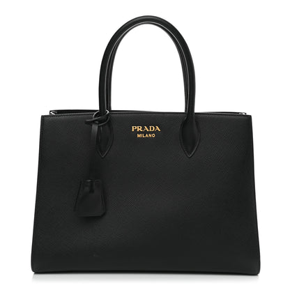 Prada Saffiano Cuir Calfskin Large Double Handle Bag Black 1 of 10
