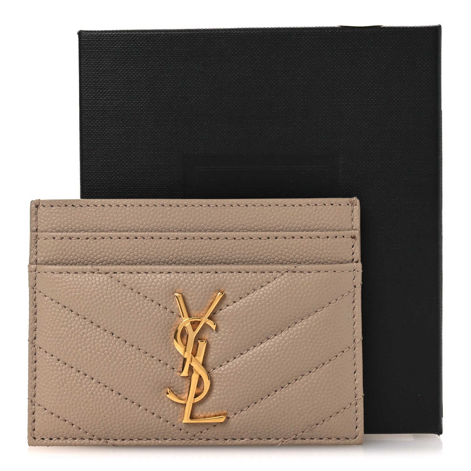 Saint Laurent Grain De Poudre Matelasse Chevron Monogram Credit Card Case Dark Beige 9 of 9