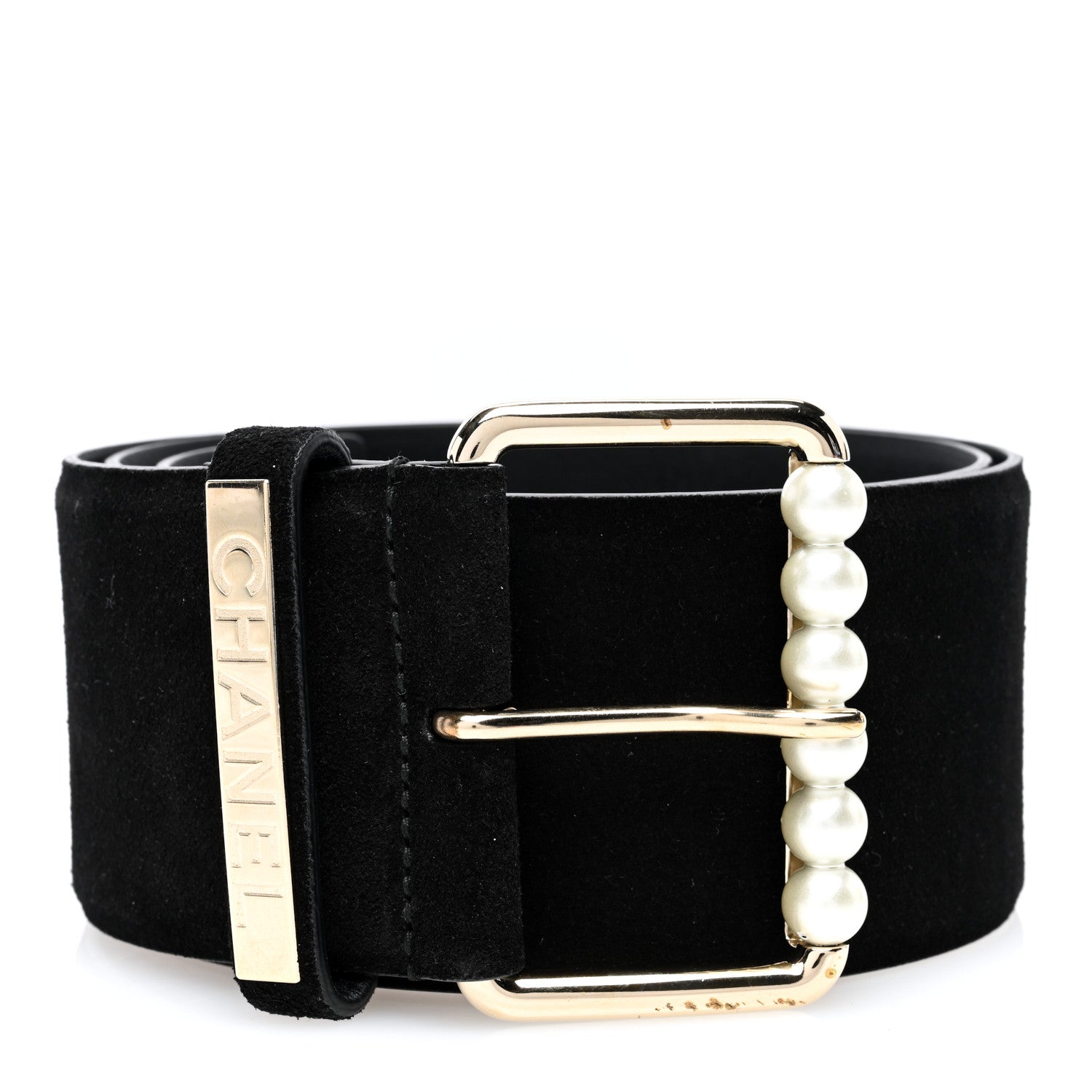 Chanel Suede Pearl Logo Chain Belt 75 30 Black 1 of 4