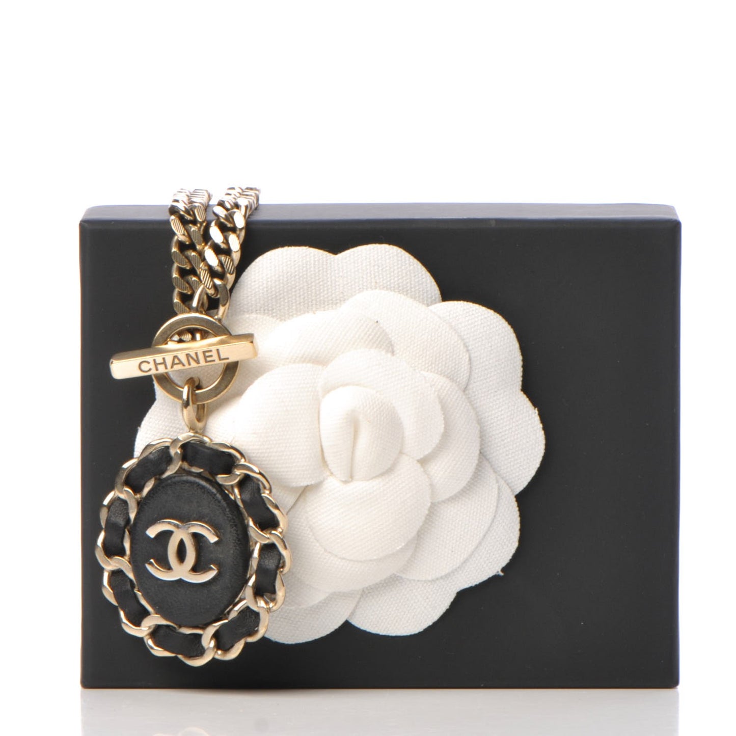 Lambskin CC Long Chain Necklace Black Gold