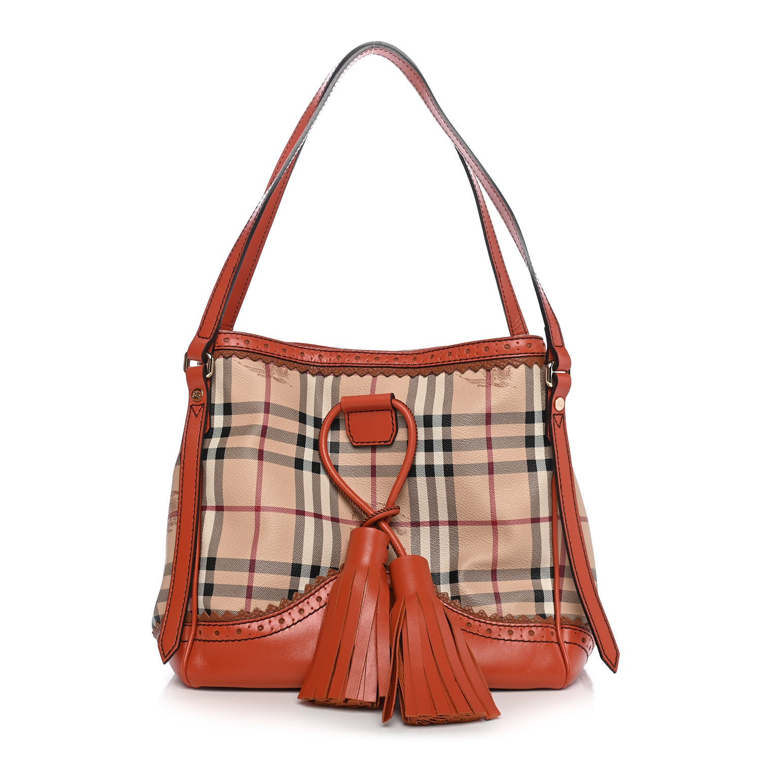 Burberry Haymarket Check Small Brogue Tassel Tote Bright Russet 1 of 9