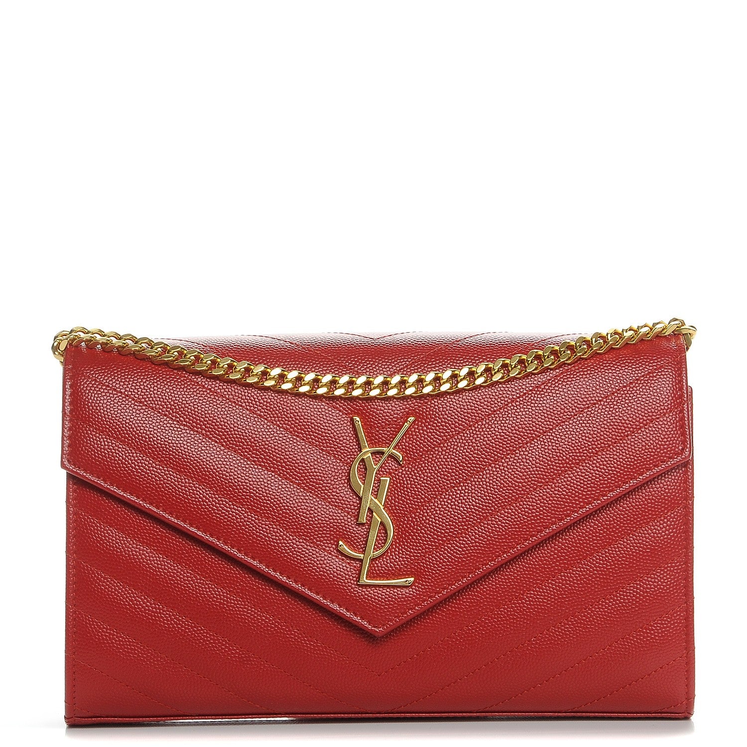 Saint Laurent Grain De Poudre Matelasse Chevron Monogram Chain Wallet New Red 1 of 8