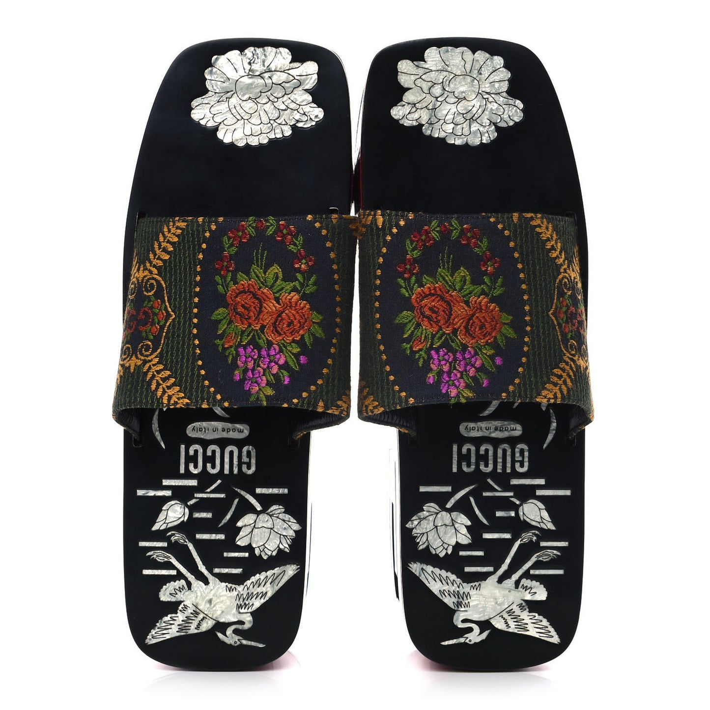 Patent Mother of Pearl Jacquard Square G Roses Platform Slide Sandals 39 Multicolor