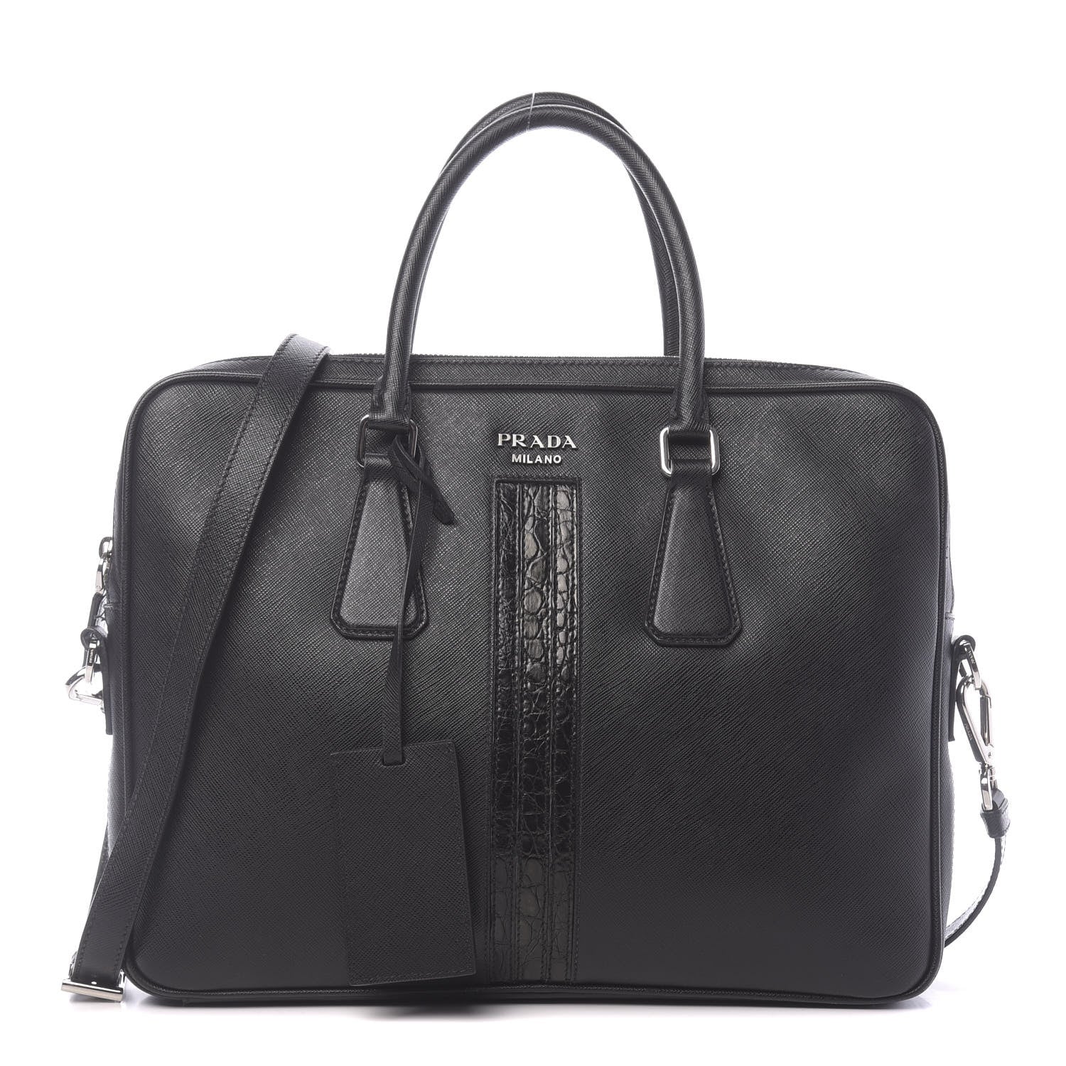 Prada Saffiano Crocodile Embossed Travel Briefcase Black 1 of 10