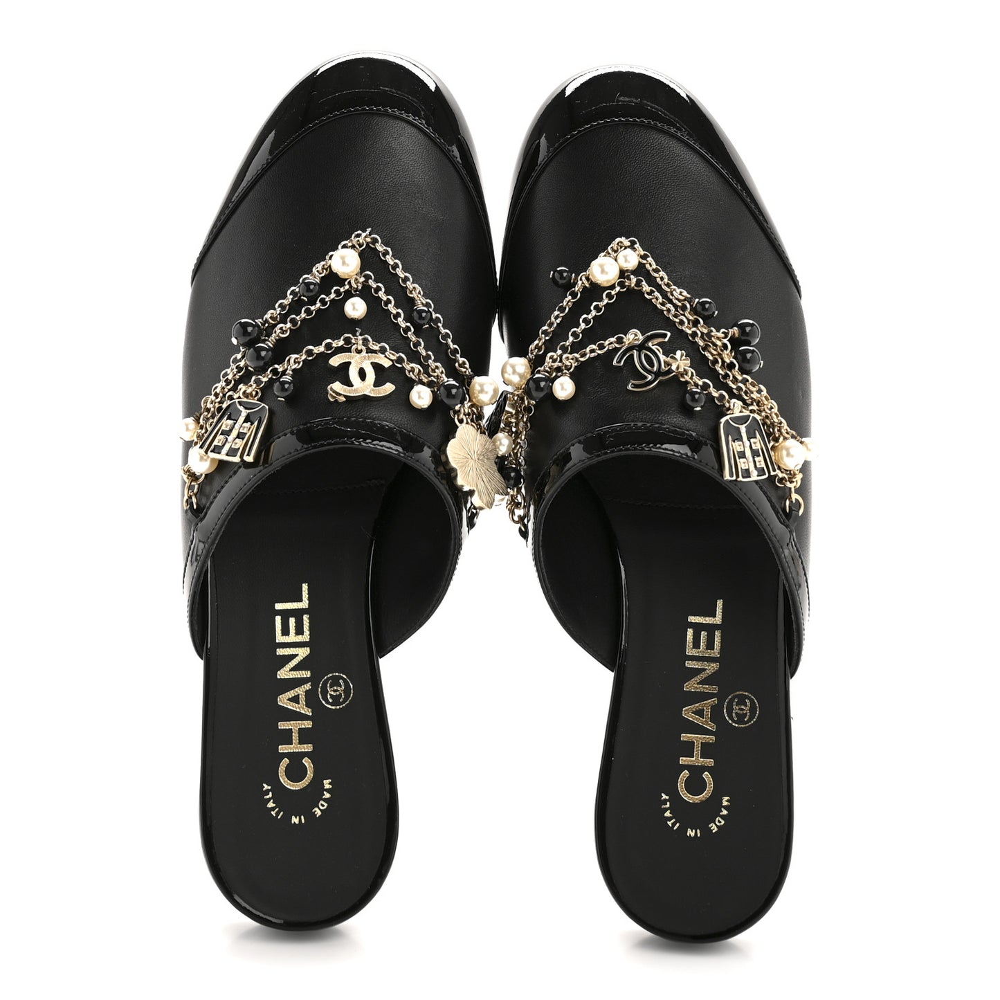 Lambskin Patent Pearl Chain Charm CC Mules 37 Black