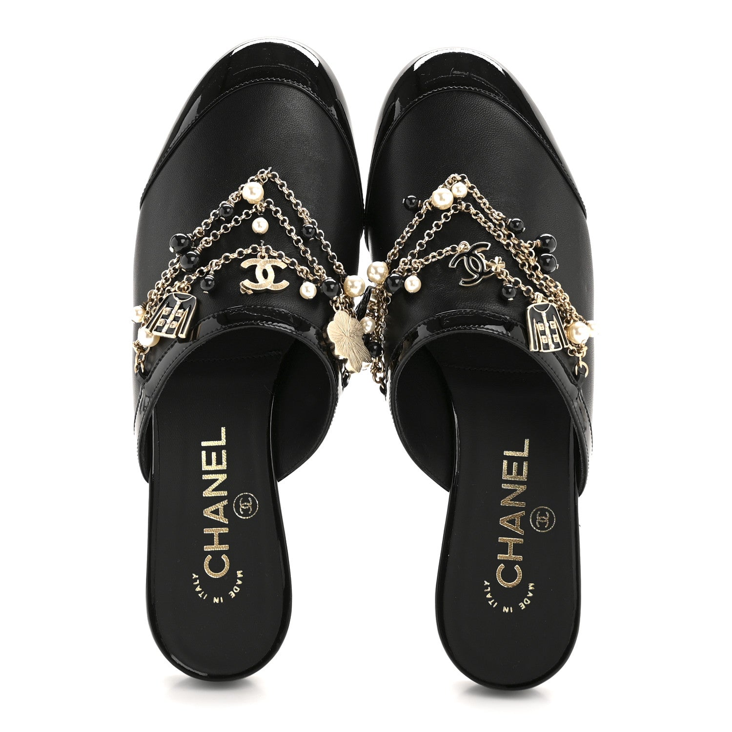 Chanel Lambskin Patent Pearl Chain Charm CC Mules 37 Black 2 of 10