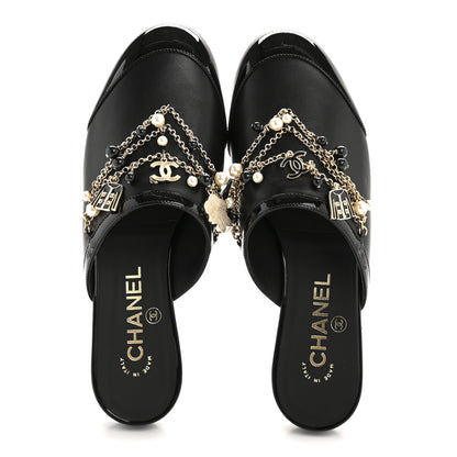 Chanel Lambskin Patent Pearl Chain Charm CC Mules 37 Black 2 of 10