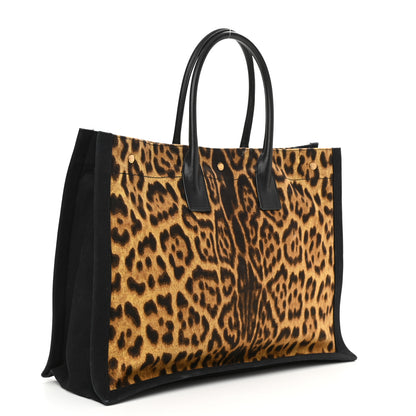 Saint Laurent Canvas Calfskin Leopard Print Rive Gauche Noe Tote Natural Black 3 of 9