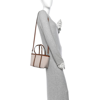 Valentino Garavani Canvas Grained Calfskin Small Rockstud Shopping Tote Naturale Tobacco 2 of 10