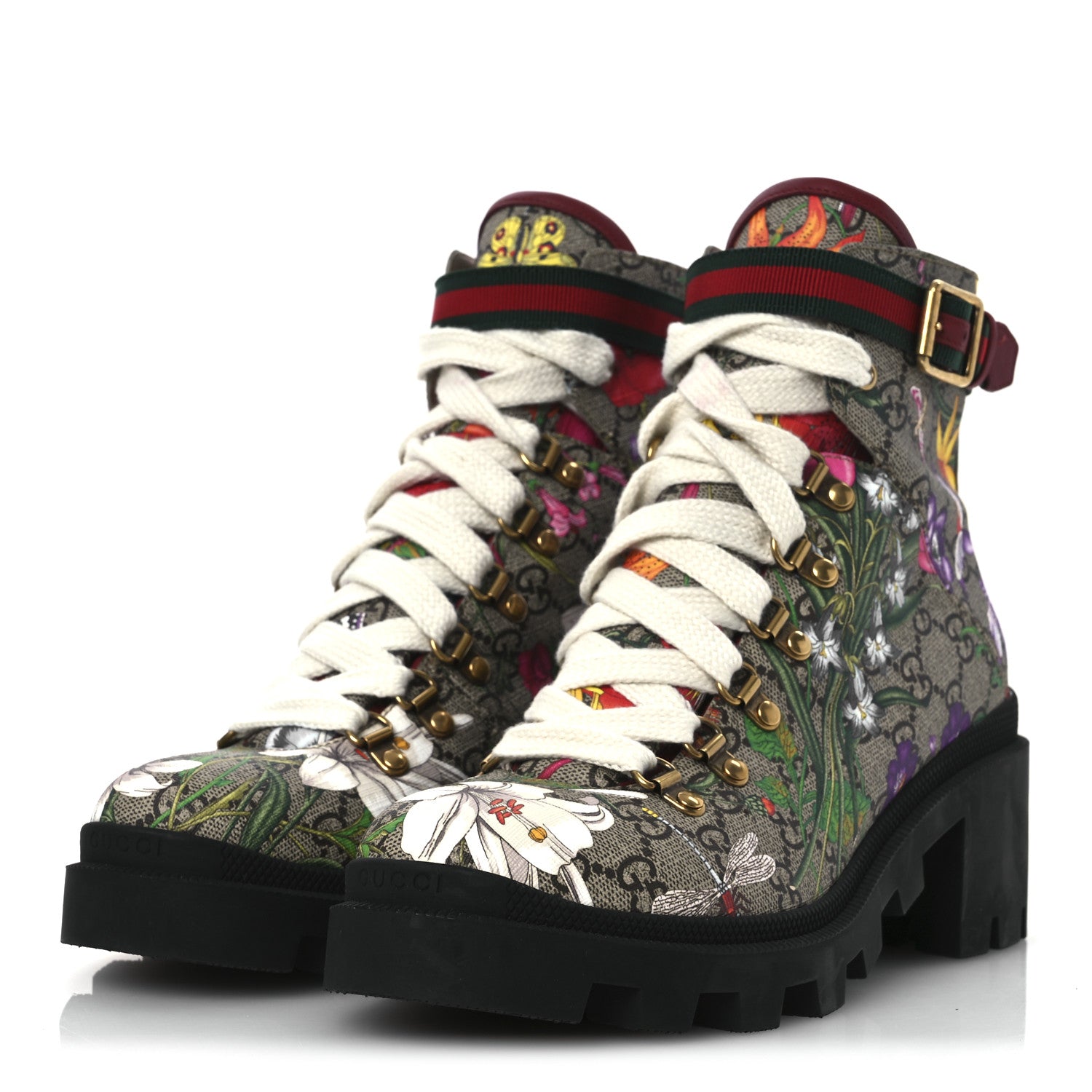 Gucci GG Supreme Monogram Flora Lace Up Combat Ankle Boots 40 Beige Multicolor Red 4 of 14