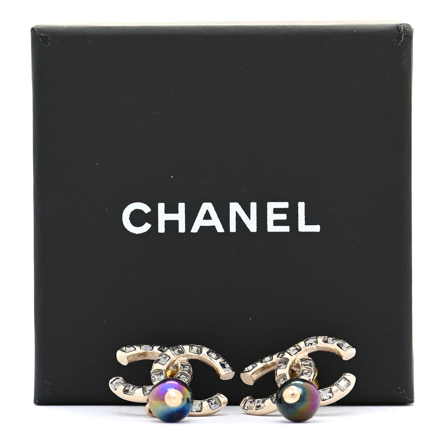 Crystal Pearl CC Drop Earrings Gold Purple Grey