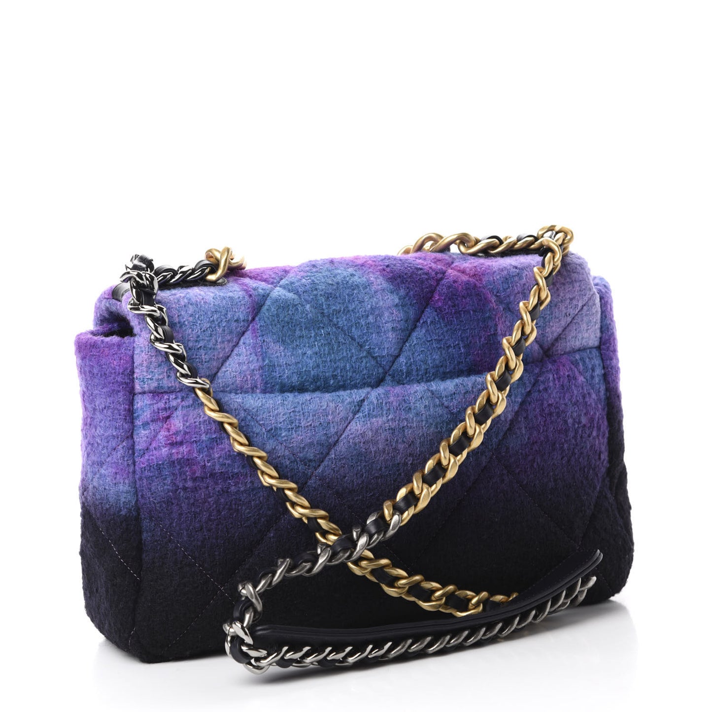 Wool Tweed Quilted Large 19 Flap Purple Black Blue