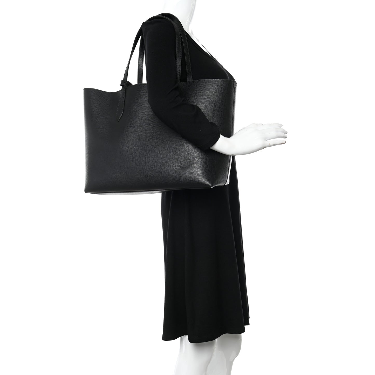 Grainy Calfskin Haymarket Check Medium Reversible Tote Black