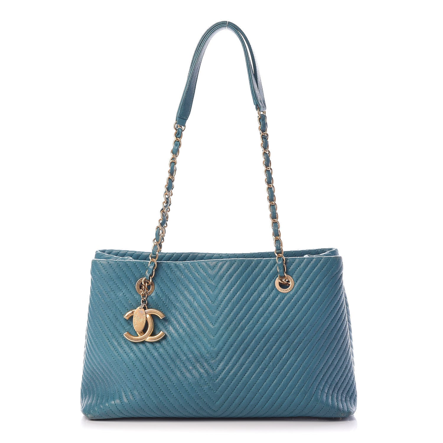 Chanel Wrinkled Lambskin Chevron Quilted Surpique Tote Turquoise 1 of 17