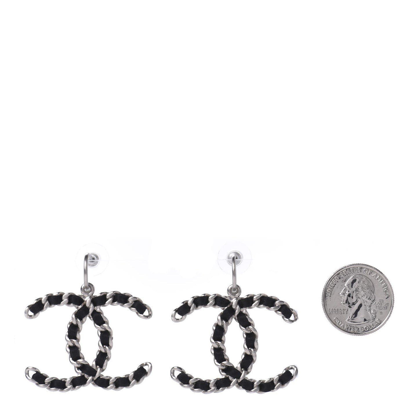 Satin CC Chain Earrings Silver Black