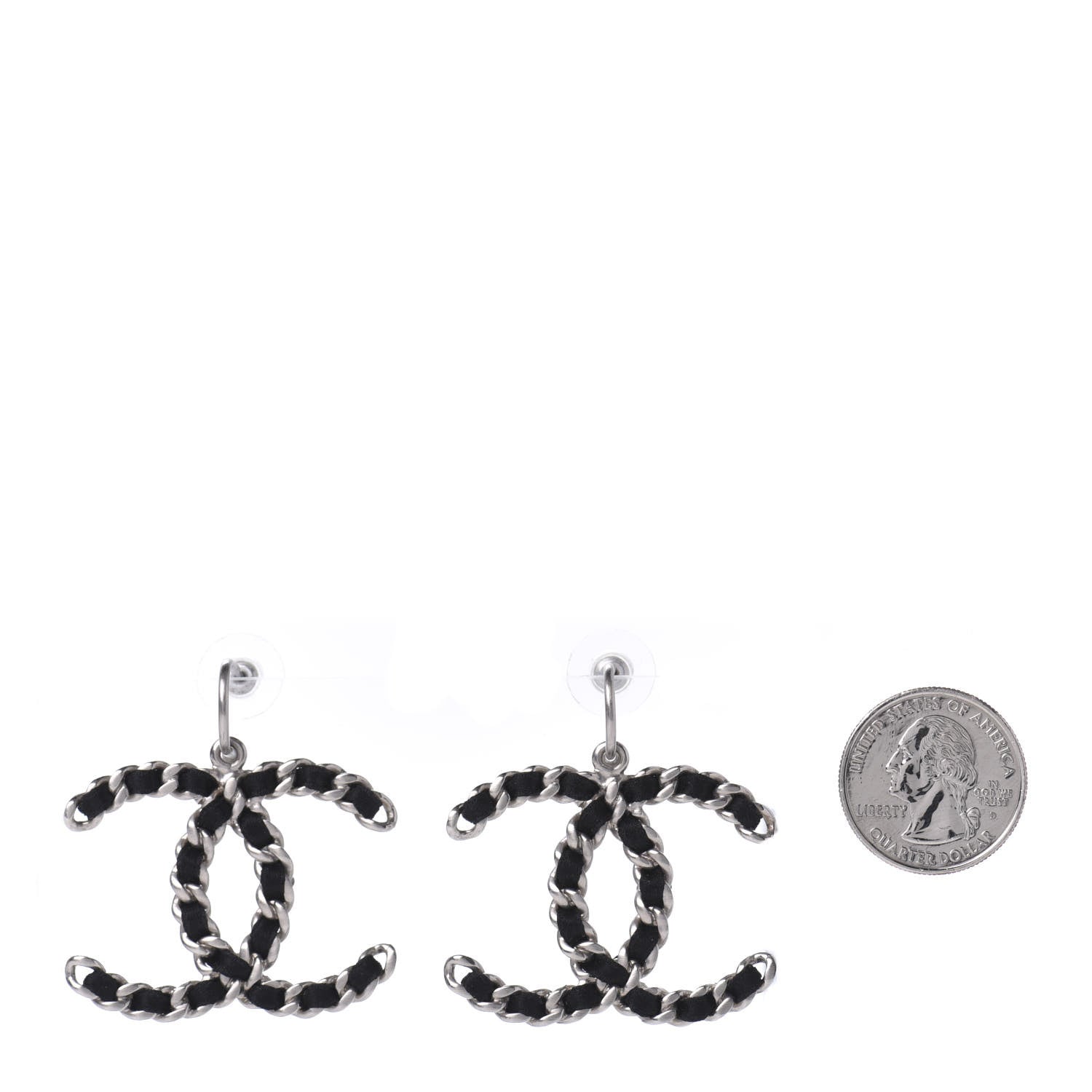 Chanel Satin CC Chain Earrings Silver Black 2 of 4