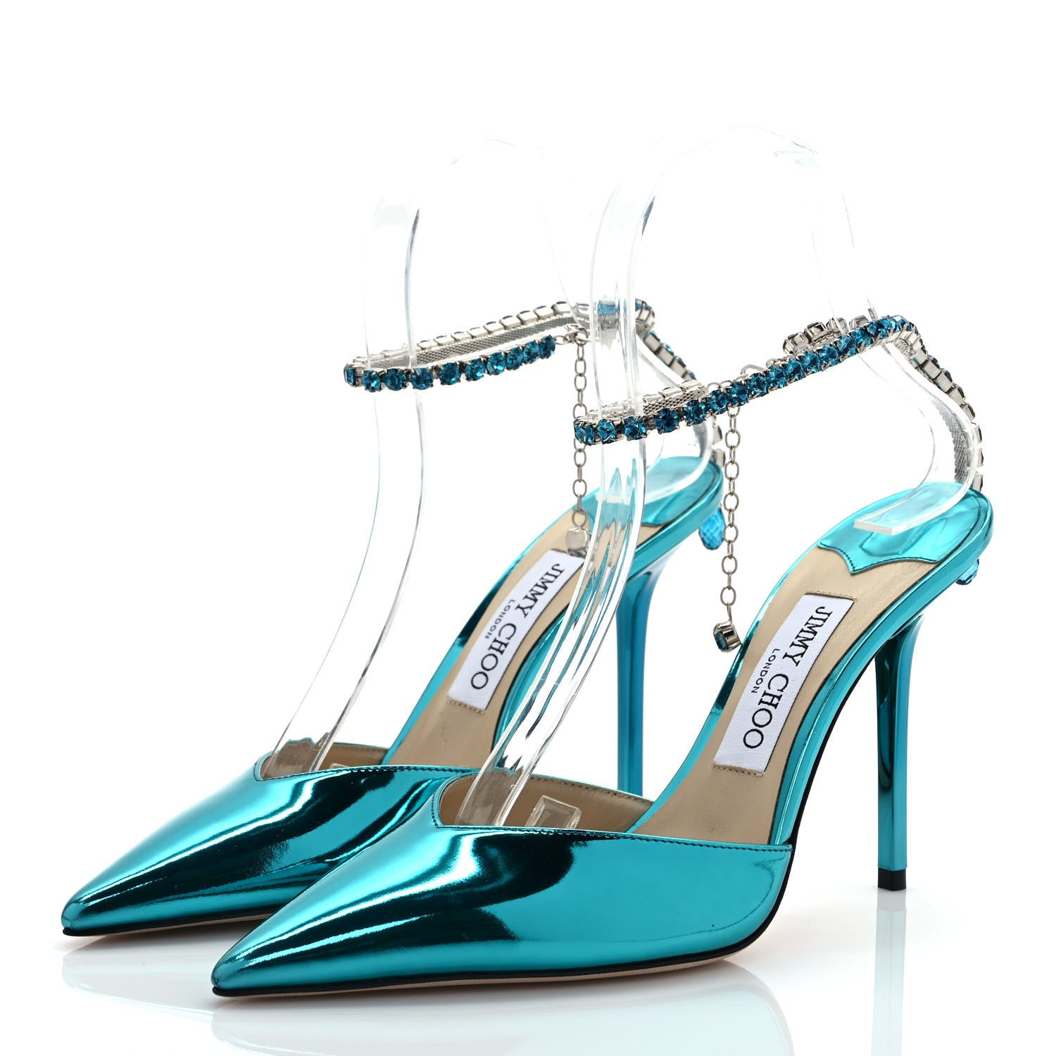 Jimmy Choo Liquid Metal Calfskin Crystal Saeda 100 Pumps 37.5 Malibu 3 of 7