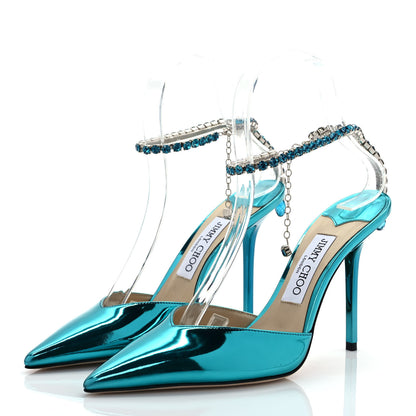 Jimmy Choo Liquid Metal Calfskin Crystal Saeda 100 Pumps 37.5 Malibu 3 of 7