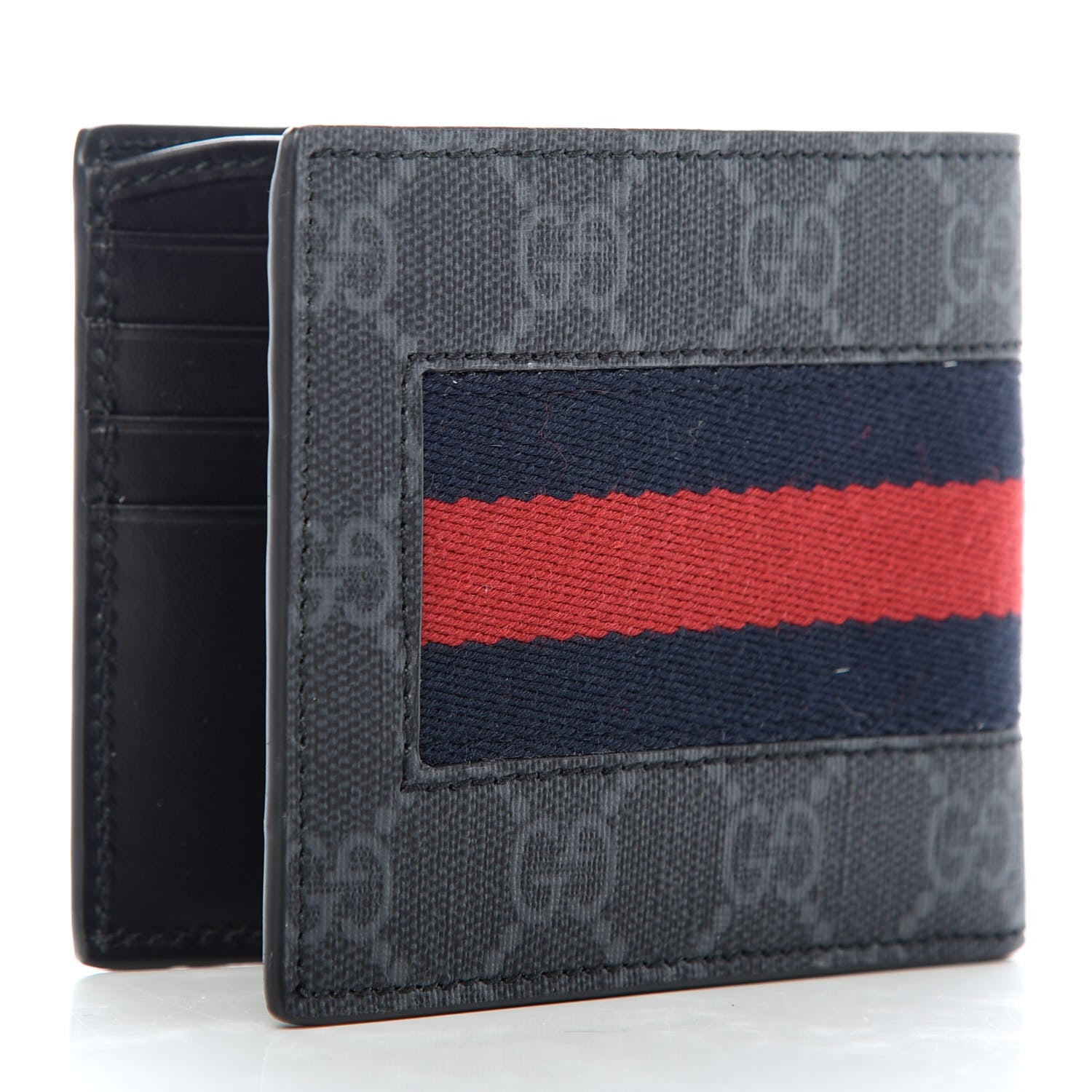 Gucci GG Supreme Monogram Selleria Calfskin Web New Web Bi-Fold Wallet Black 3 of 7