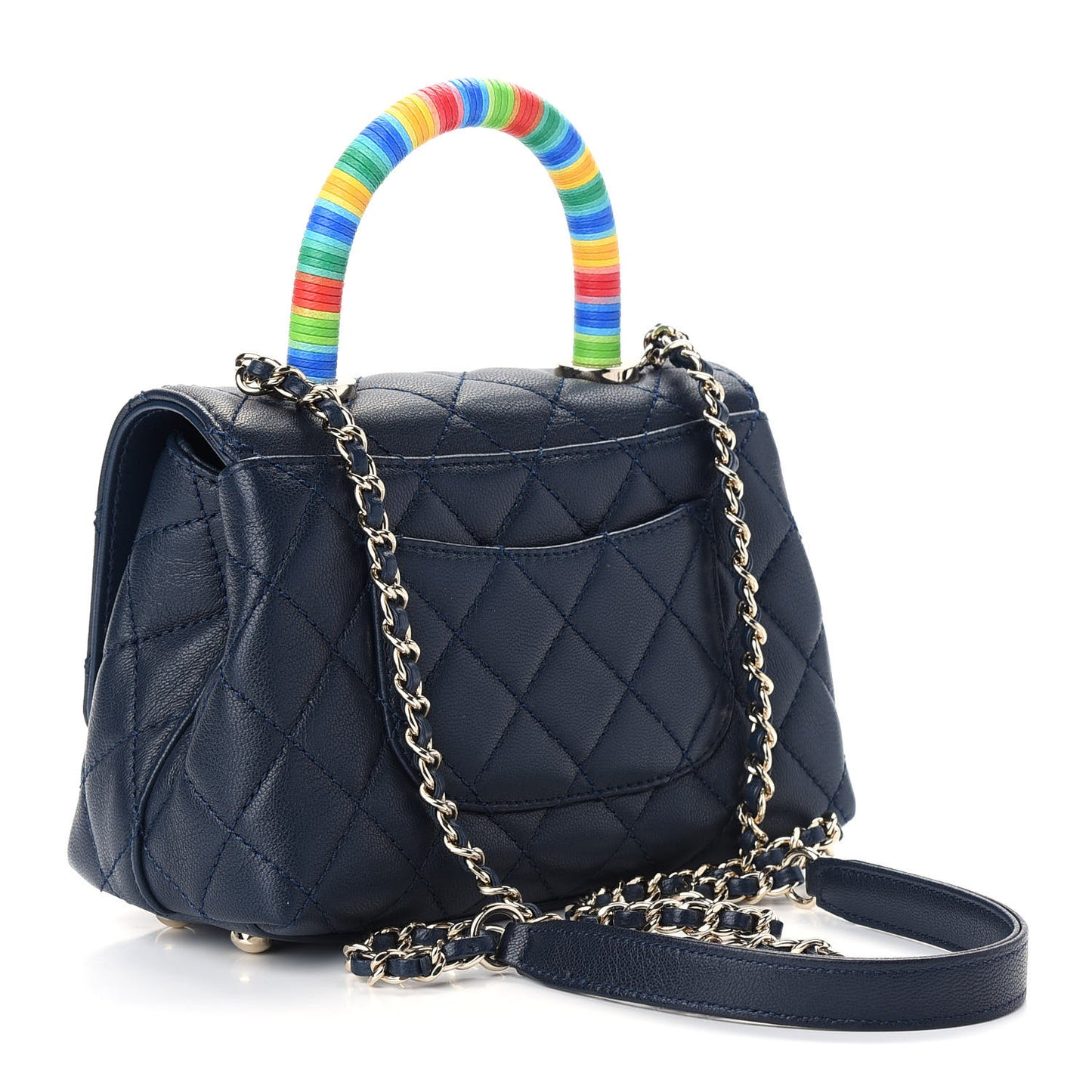 Goatskin Quilted Extra Mini Rainbow Coco Handle Flap Navy Blue