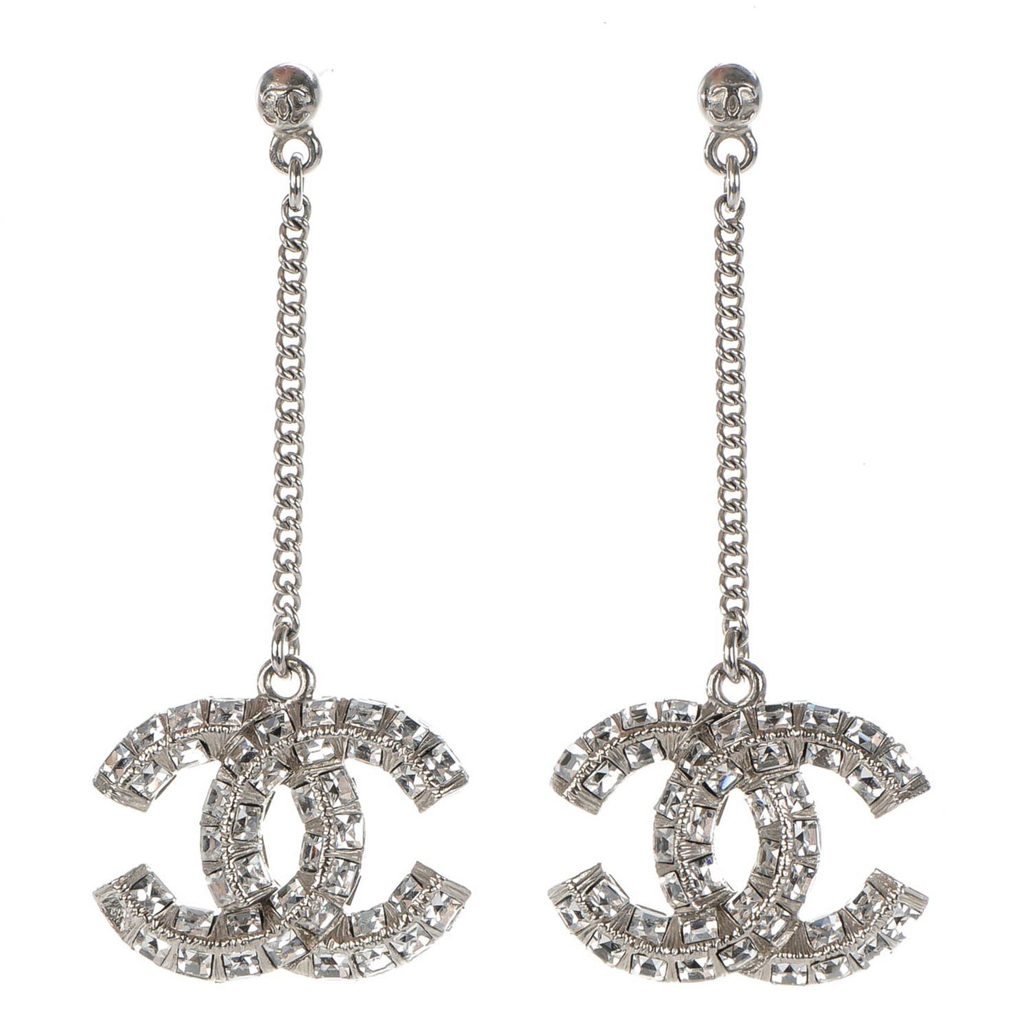 Baguette Crystal CC Drop Earrings Silver