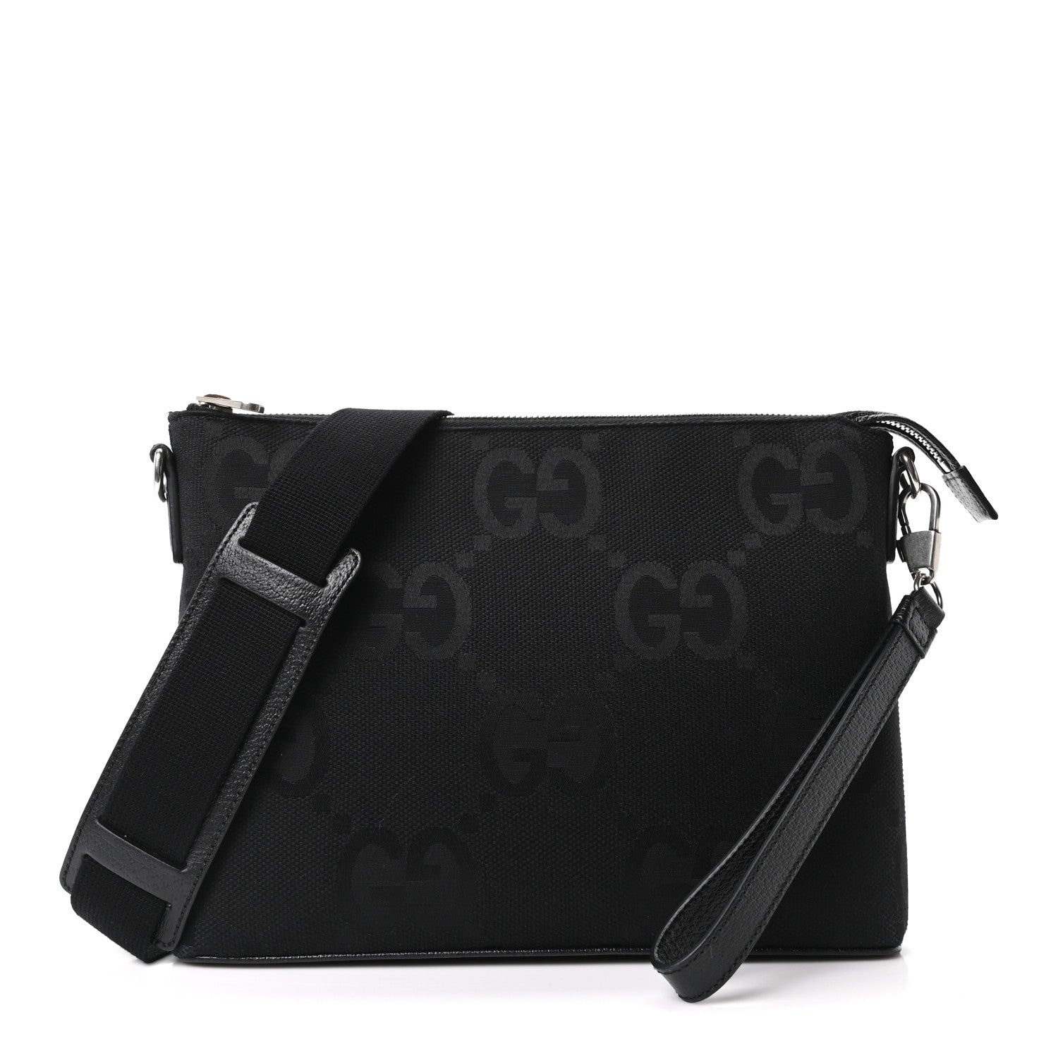 Gucci Monogram Jumbo GG Textured Dollar Calfskin Wristlet Messenger Bag Black 1 of 10