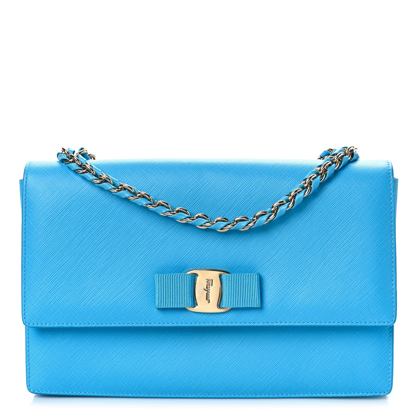 Printed Calfskin Vara Bow Chain Flap Crossbody Blue