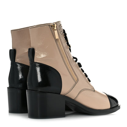Chanel Patent Calfskin CC Lace Up Short Boots 39.5 Beige Black 4 of 7