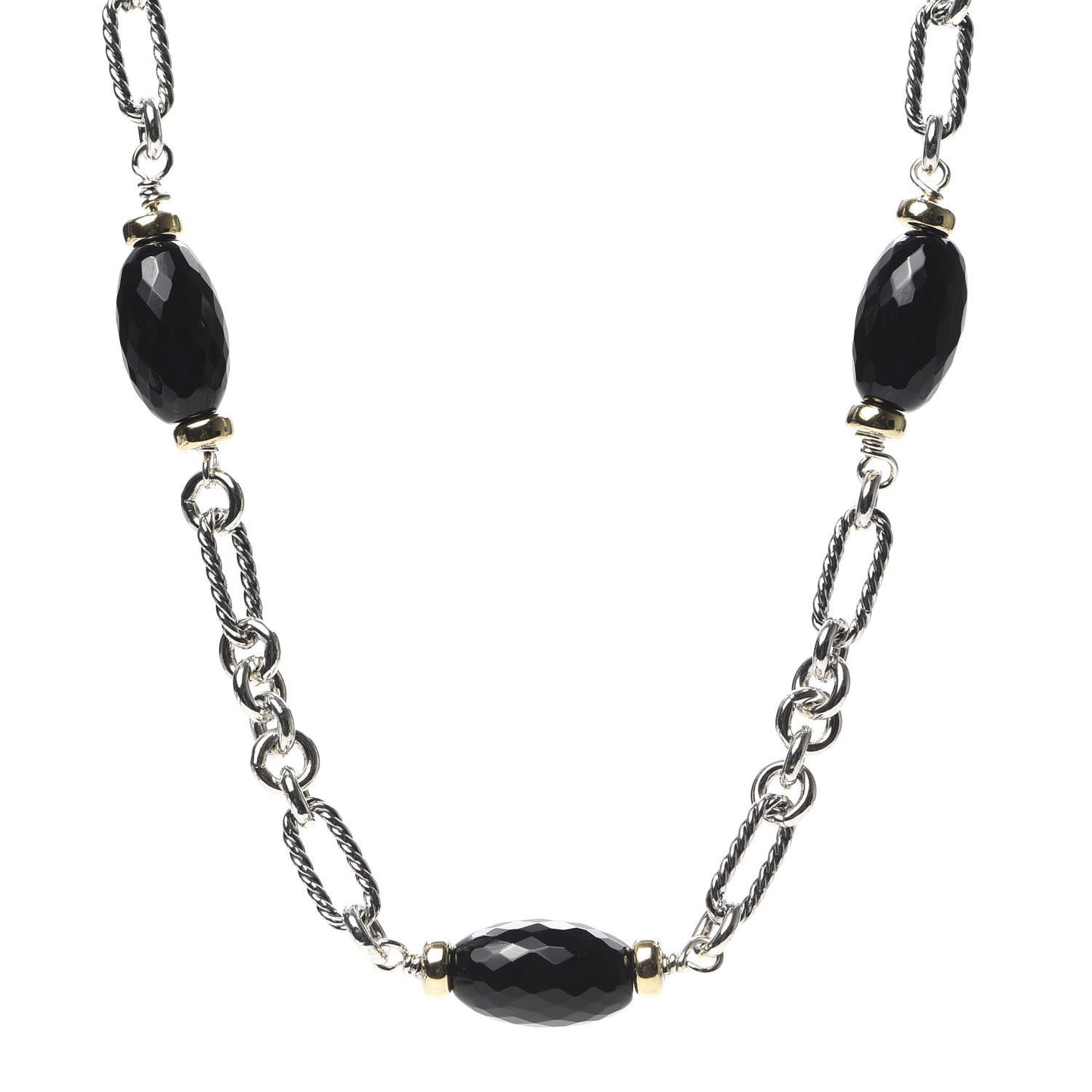 Sterling Silver 18K Yellow Gold Black Onyx Figaro Chain Necklace