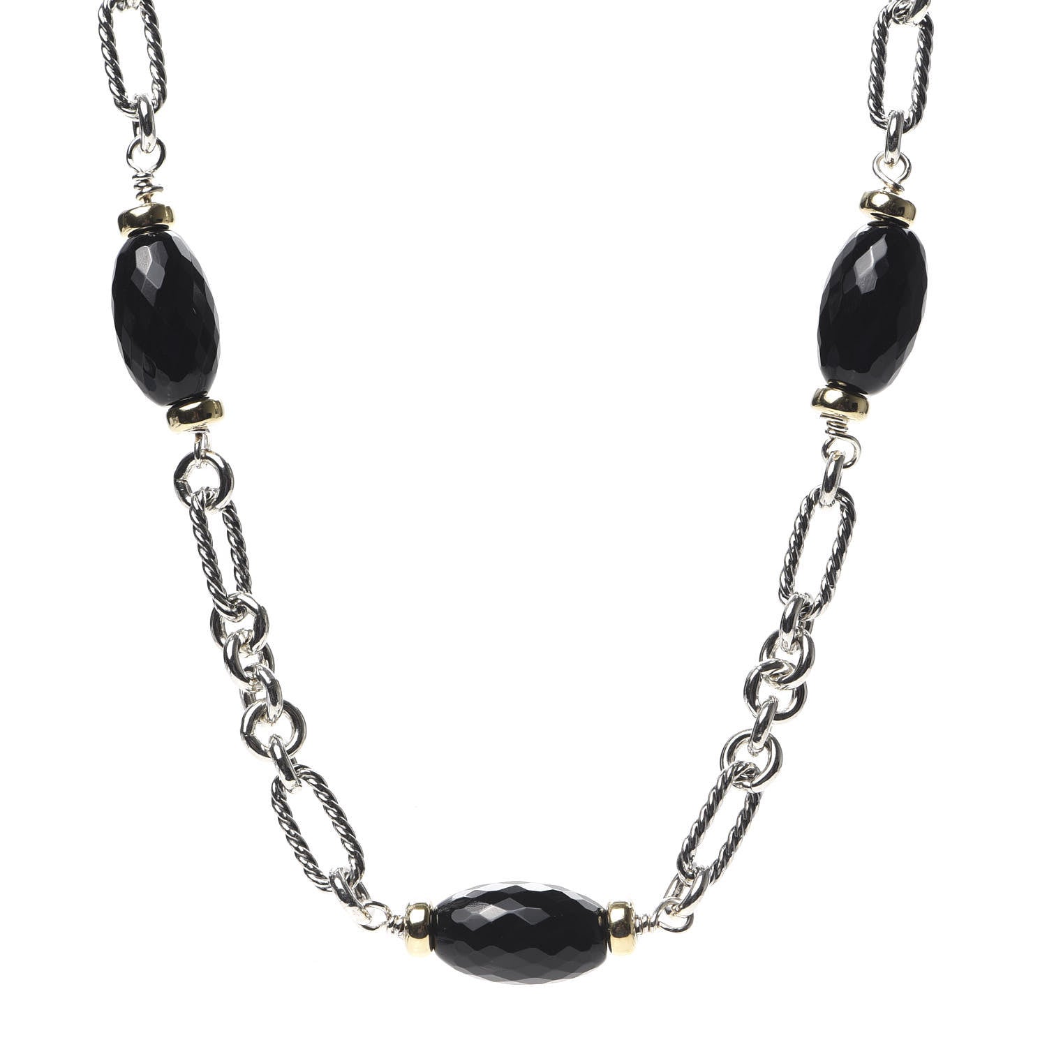 David Yurman Sterling Silver 18K Yellow Gold Black Onyx Figaro Chain Necklace 1 of 5
