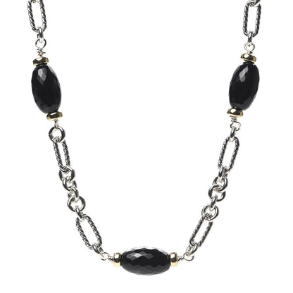 David Yurman Sterling Silver 18K Yellow Gold Black Onyx Figaro Chain Necklace 1 of 5