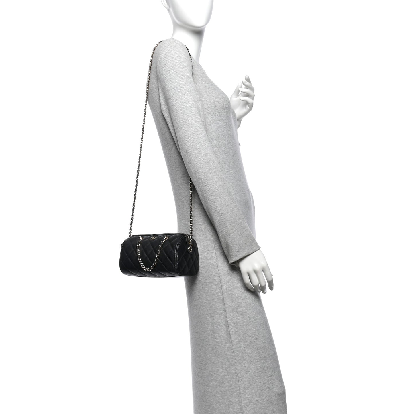 Caviar Quilted Barrel Clutch With Chain Black