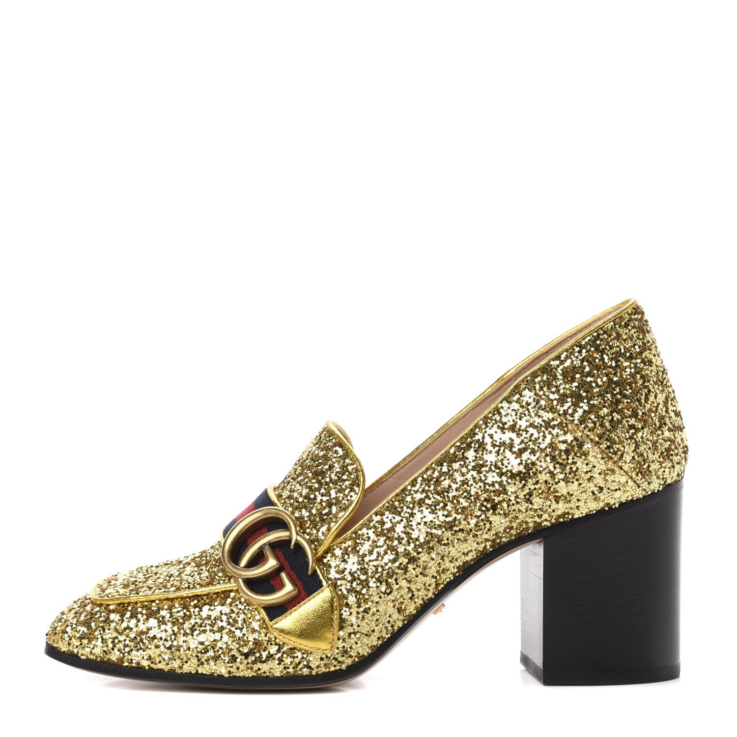 Gucci Glitter Nappa Web Peyton 75mm Loafer Pumps 38 Oro Vecchio 1 of 10