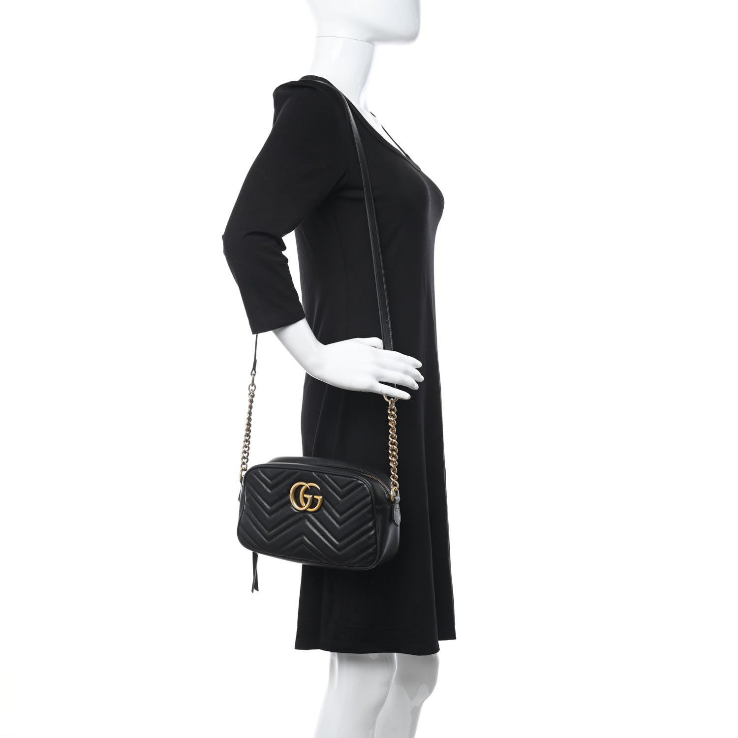 Gucci Calfskin Matelasse Small GG Marmont Chain Shoulder Bag Black 2 of 13