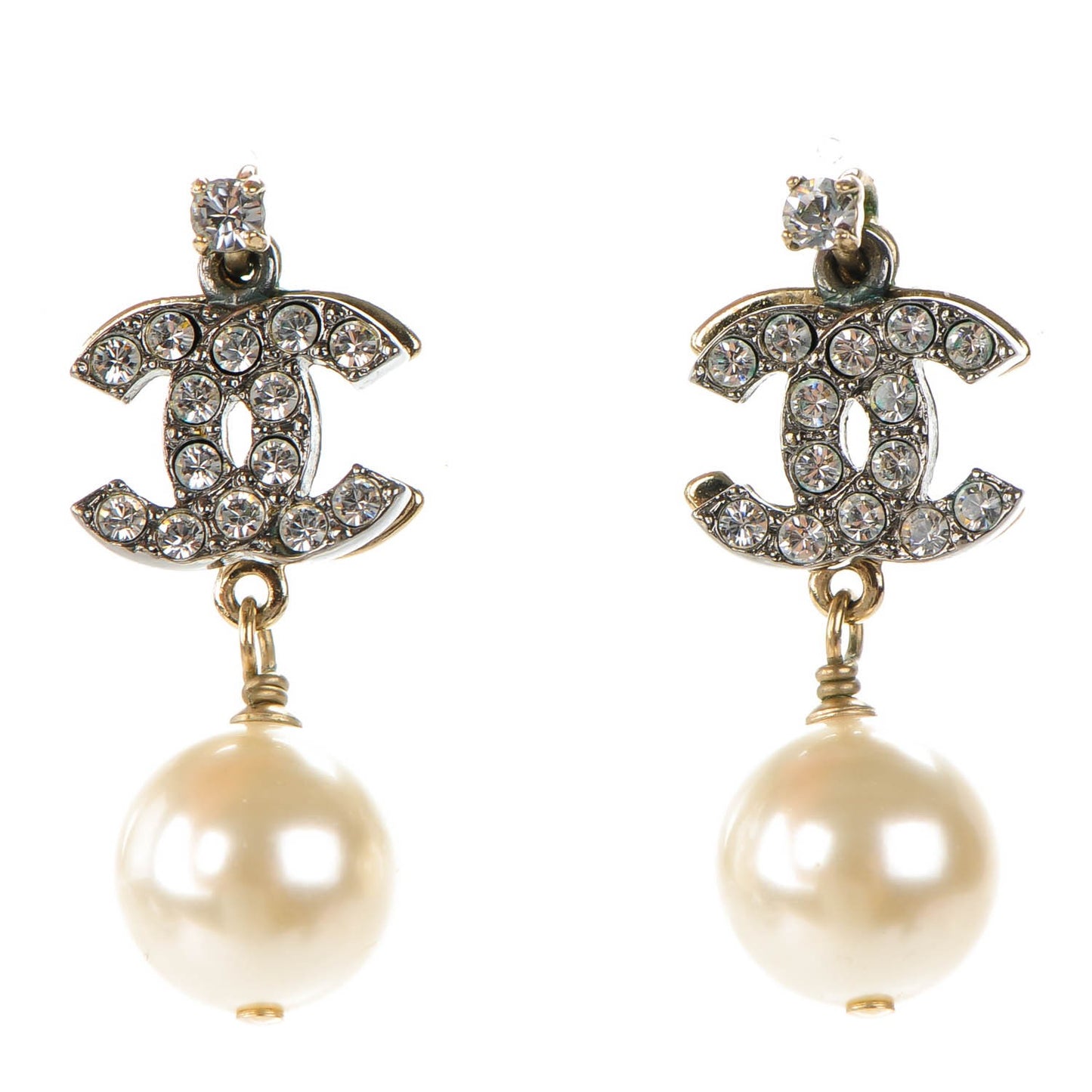 Crystal Pearl CC Drop Earrings Silver