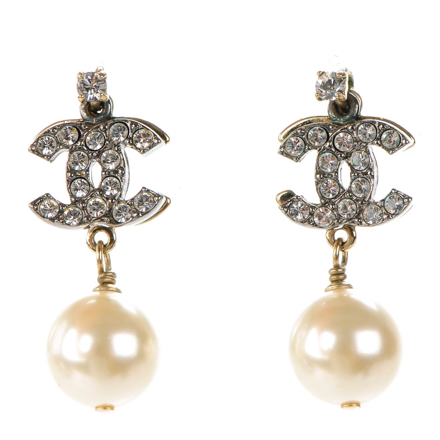 Chanel Crystal Pearl CC Drop Earrings Silver 1 of 6