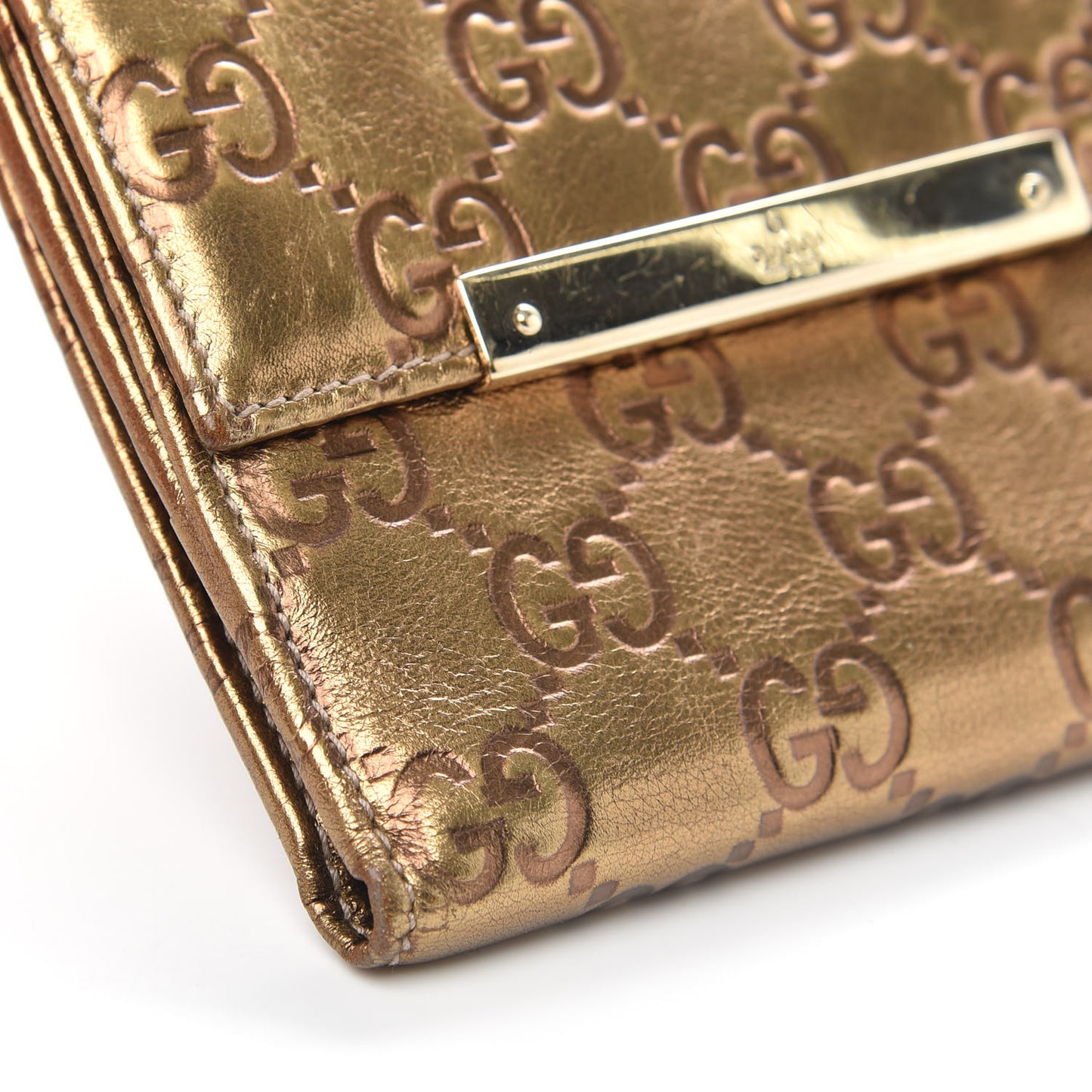 Metallic Guccissima Metal Bar French Flap Wallet Gold