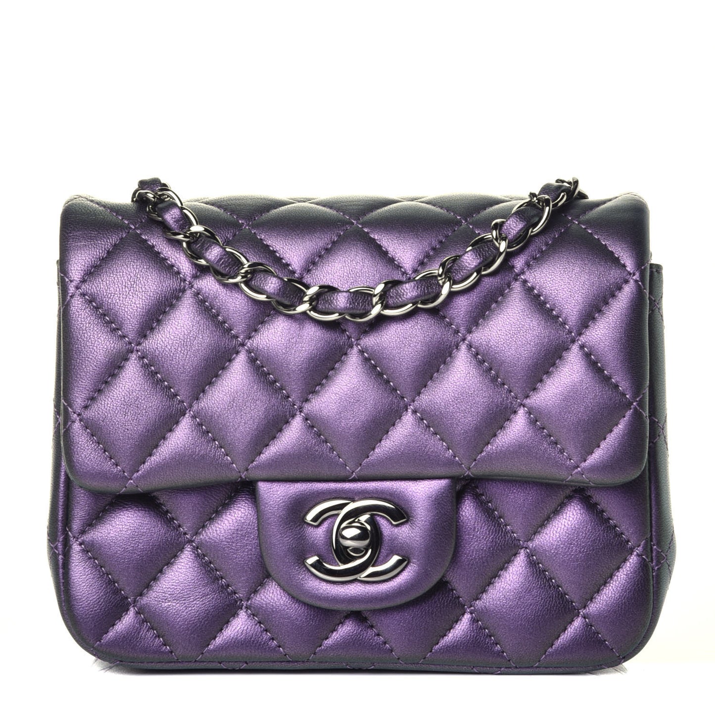 Iridescent Lambskin Quilted Mini Square Flap Dark Purple