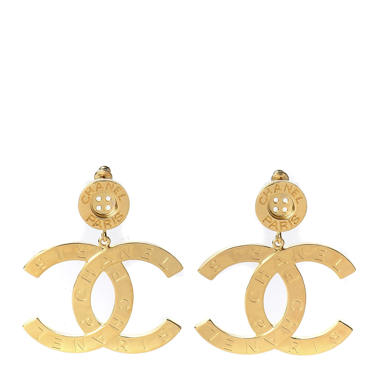 Chanel Metal Large Paris Button Earrings Gold 1 of 6