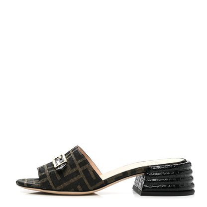 Fendi Jacquard Calfskin FF Crocodile Embossed Promenade Slide Sandals 36 Tobacco Moro Black 1 of 8