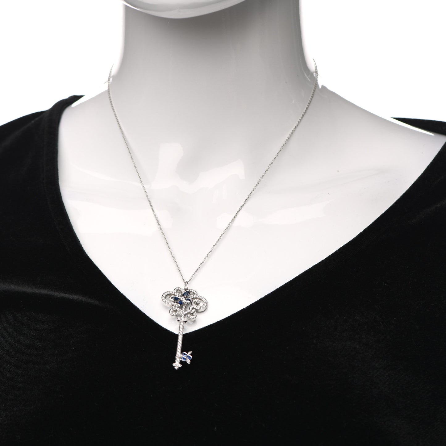 Platinum Diamond Blue Sapphire Enchant Dragonfly Key Pendant Necklace
