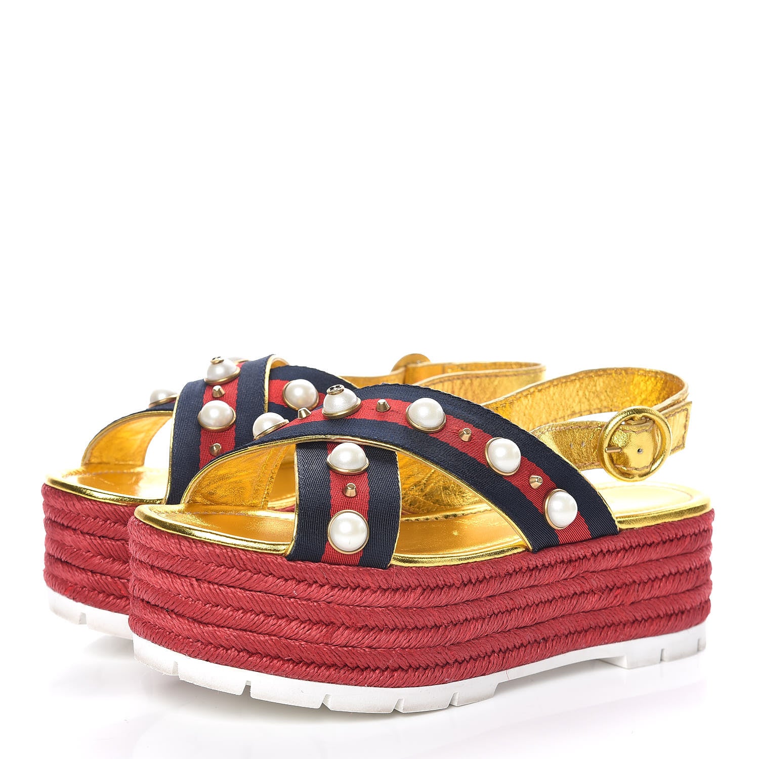 Gucci Metallic Nappa Silk Web Pearl Crossover Espadrille Platform Lug Sole Sandals 37 Gold 3 of 10