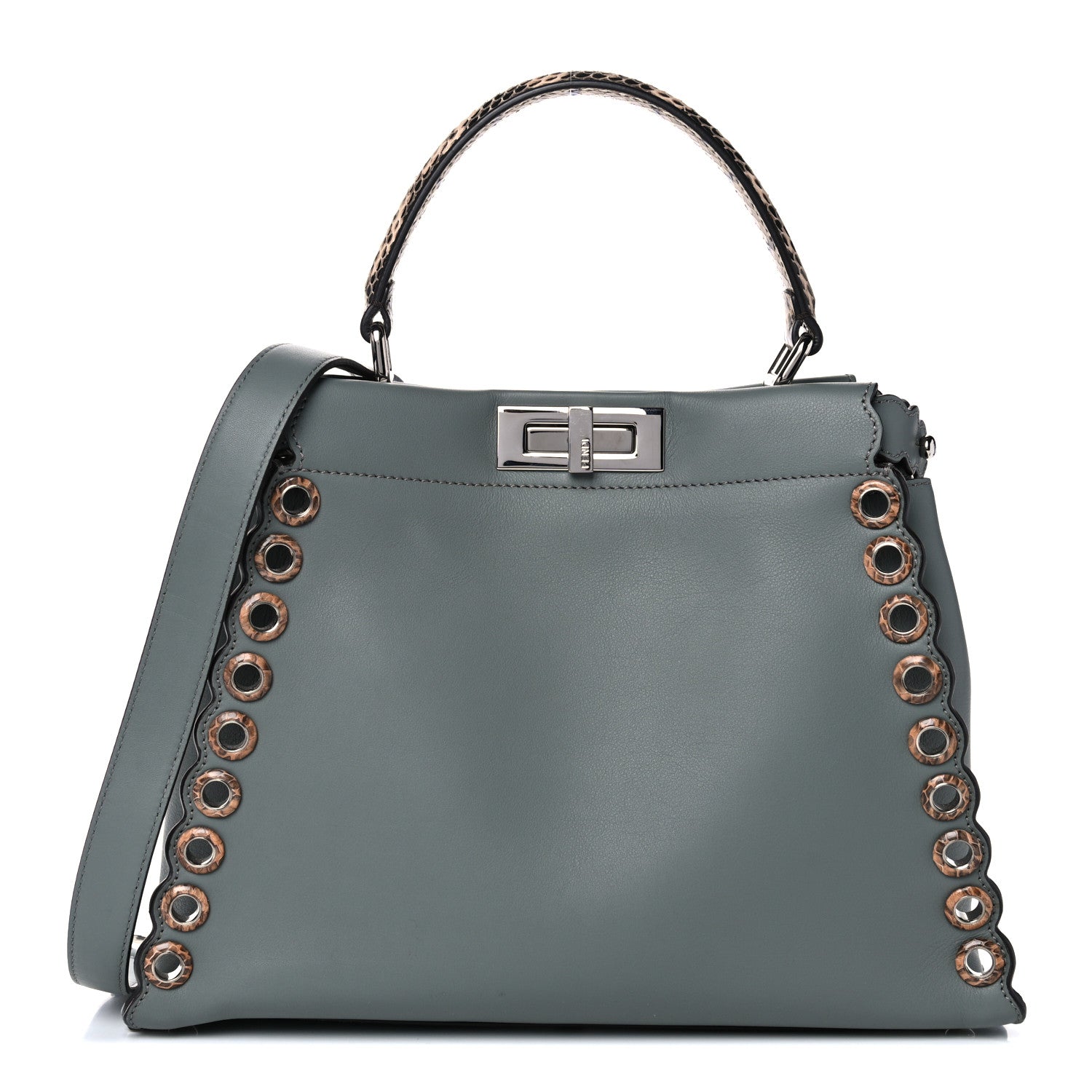 Fendi Vitello Seta Elaphe Nappa Grommet Medium Peekaboo Iconic Satchel Grey 1 of 14