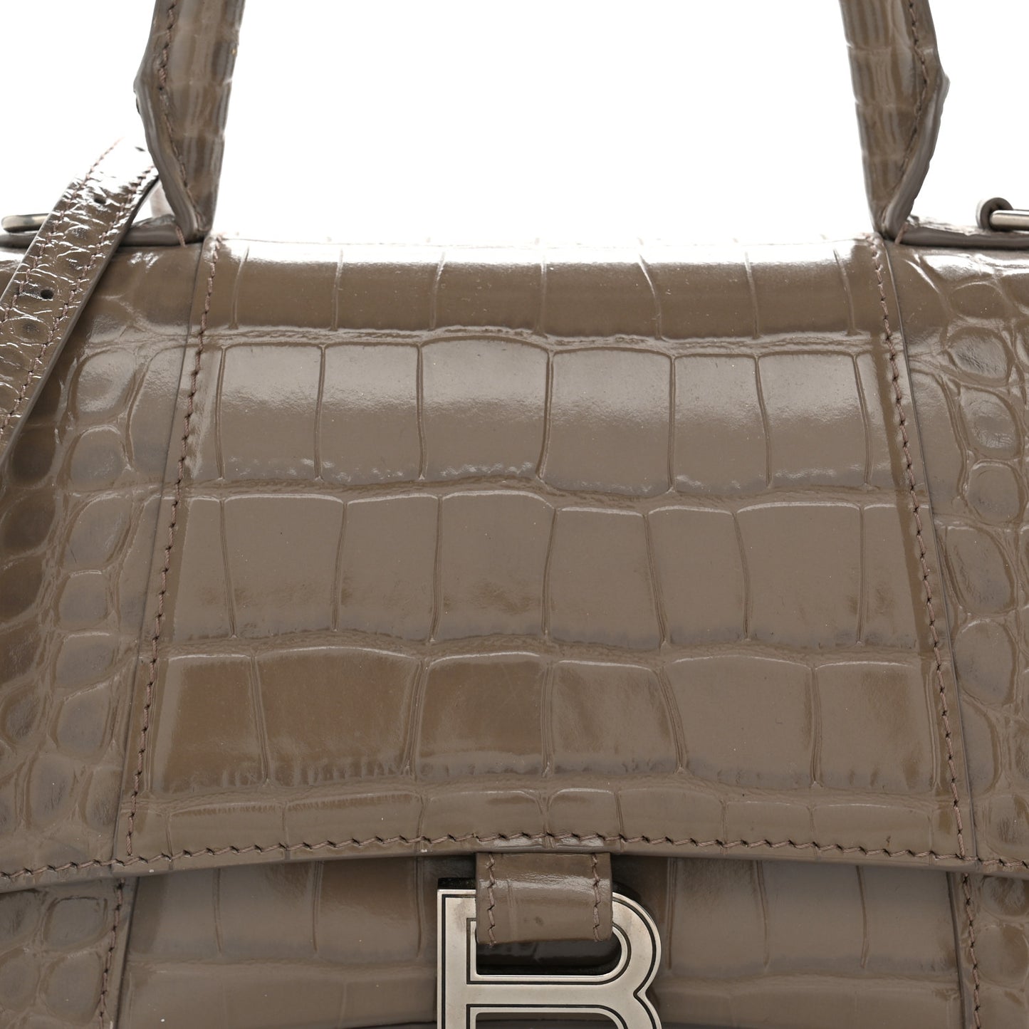 Calfskin Crocodile Embossed Small Hourglass Top Handle Bag Mink Grey