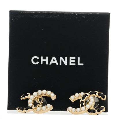 Chanel Pearl Lambskin Chain CC Stud Earrings Gold Black 5 of 5