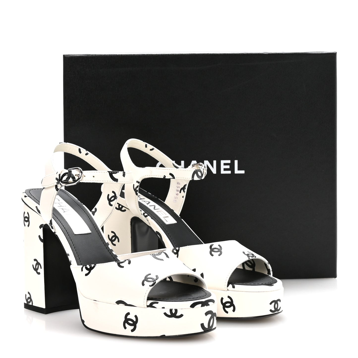 Printed Lambskin CC Platform Sandals 37 White Black